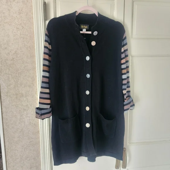 Bob Mackie Black Button Front Cardigan with Multicolor Trim - Picture 3 of 9
